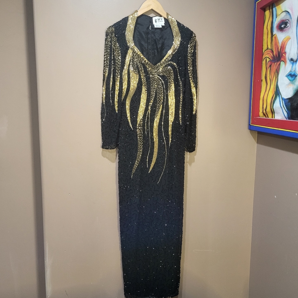 Vintage black & gold full length silk beaded formal gown - Picture 4 of 13
